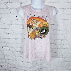 Space Jam Tank Top Adult S Pink Multicolor Fleck Tune Squad Taz Tweety Martian